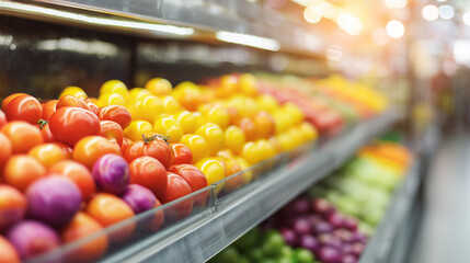 Fresh produce aisle in a modern grocery store, vibrant fruits and vegetables neatly arranged under soft lighting