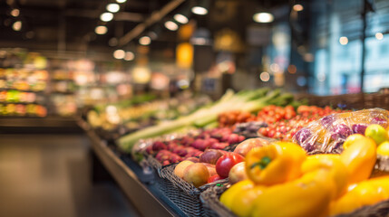 Fresh produce aisle in a modern grocery store, vibrant fruits and vegetables neatly arranged under soft lighting