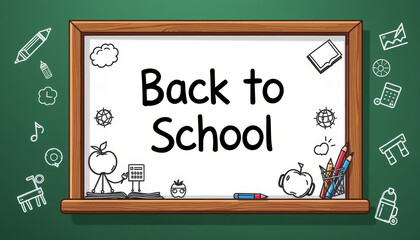 Back to school themed frame with educational elements and chalkboard background, perfect for announcements and events