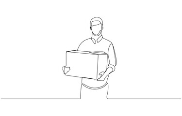 Continuous one line drawing of delivery courier man carries cardboard box package, One line delivery shipment worker people vector illustration.