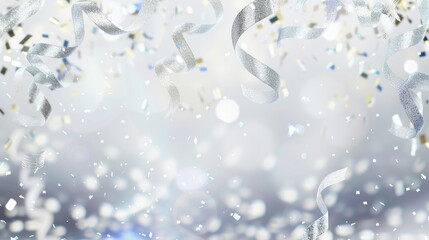 White ribbons and confetti falling with sparkles on light blue celebration background and free place for text. New Year, Christmas, birthday, holiday banner