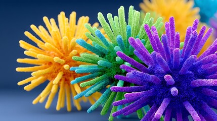 Colorful, spiky spherical structures, possibly microscopic organisms or abstract art