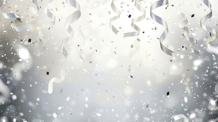 White ribbons and confetti falling with sparkles on light blue celebration background and free place for text. New Year, Christmas, birthday, holiday banner