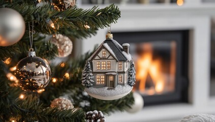 Cozy Christmas house ornament hanging on a decorated tree near a fireplace
