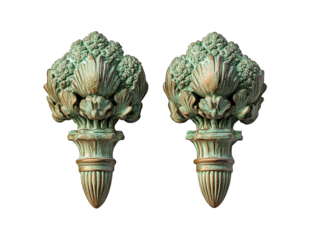 Pair of ornate green patina finials architectural details isolated on transparent PNG