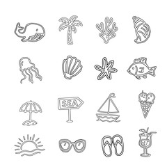 Summer icons set.  Set of summer icons. Tropical beach doodles. Vacation and travel elements. Black and white line art.Holiday season clipart. Vector set of travel icons. Hand drawn se icons set. 