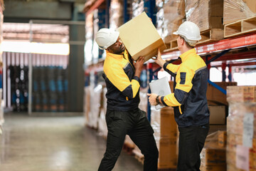 African-American and Caucasian men lifting a box in a warehouse. They work side by side as a team...