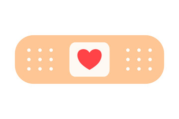 Medical adhesive plaster with red heart icon on white pad. Clipart image isolated on background.