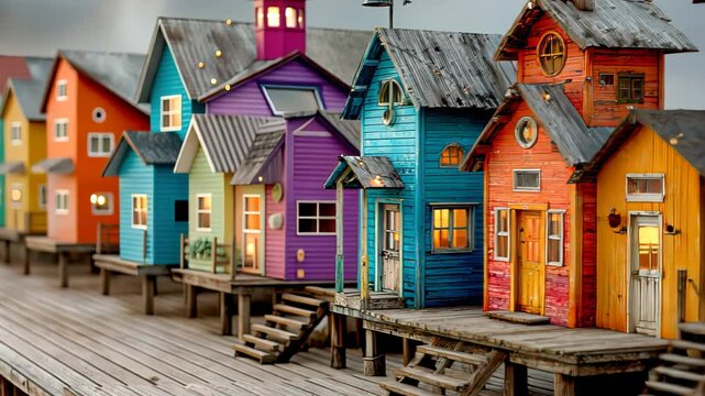 Brightly painted miniature wooden houses with quirky architectural features arranged side by side like a toy village