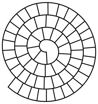 Spiral game board template for Game of the Goose in black and white line art. Clipart image.