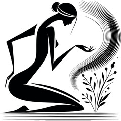 Black-and-white minimalist illustration of a woman leaning over a bouquet of dried herbs, with fine lines suggesting aroma and a graceful oil drop silhouette symbolizing wellness and serenity.
