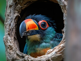 Colorful bird peers from hollow in lush forest during bright daylight, showcasing vibrant plumage and curious expression