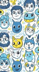 Fototapeta premium Pattern of Cute Cartoon Faces and Doodles – Hand-Drawn Blue and Yellow Sketch Style