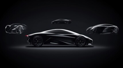 Fototapeta premium Futuristic black sports cars hover in a dark studio