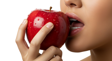 Woman Taking a Bite of a Red Apple Juicy, Fresh, and Healthy Eating, isolated on white or transparent background