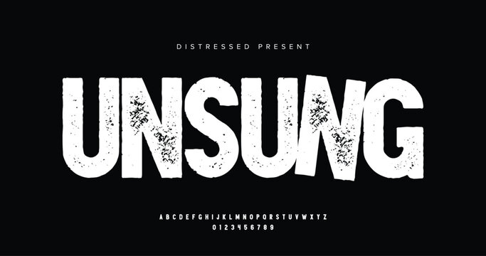 Unsung: Distressed alphabet uppercase font set design. Vector illustration typography grunge style. Rough Fonts design.