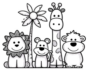 Cute cartoon animals in jungle setting