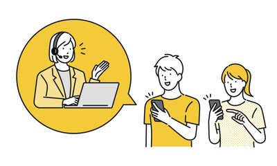 イラスト素材：スマホからカスタマーサービスを利用する若い男女と対応中の女性のイラスト