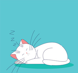 A Charming Sleeping Cat on a Beautiful Turquoise Background with Various Colorful Elements