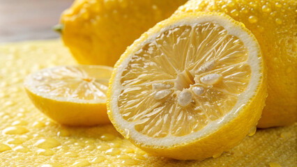 Fresh yellow lemon halves and slices isolated on wooden table offer a healthy, juicy, and ripe citrus fruit rich in vitamin C