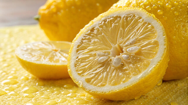 Fresh yellow lemon halves and slices isolated on wooden table offer a healthy, juicy, and ripe citrus fruit rich in vitamin C - Powered by Adobe