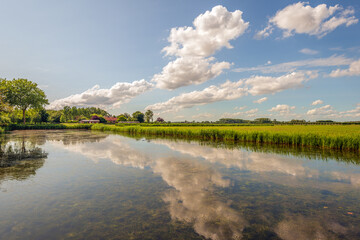 Perfect reflection of white clouds in the blue sky in the mirror-smooth water surface of a small lake. The photo was taken on a slightly cloudy day in the Dutch spring season.