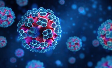 Highly detailed microscopic cells on blue background, natural lighting and high-resolution render of organic virus structure for scientific or medical concept.