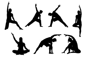 Silhouette Yoga Poses Collection of Eight Yoga Asanas for Fitness and Wellness