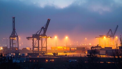 Obraz premium Industrial landscape at twilight featuring illuminated cranes and cargo containers