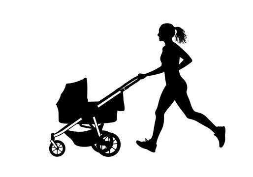 Silhouette of a Mother Jogging with Baby Stroller Fitness, Mom Life, and Active Lifestyle