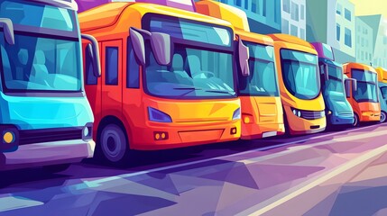 Colorful illustration of buses parked along a city street.