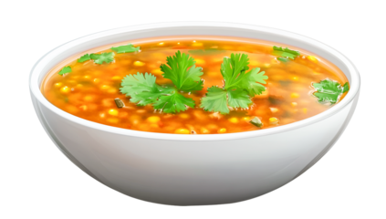 Delicious lentil soup in a white bowl with cilantro garnish isolated on transparent PNG