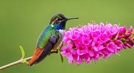 Naklejka premium Rufous Tailed Hummingbird Perched Plant Vibrant Avian Wildlife Nature Beauty