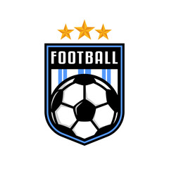 Blue and white stripes football logo badge with a soccer ball illustration. sport team logo vector template.