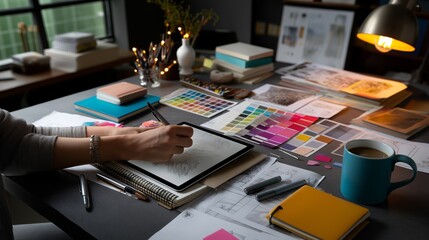 Designer sketching ideas on tablet with color swatches notebooks studio. AI generated