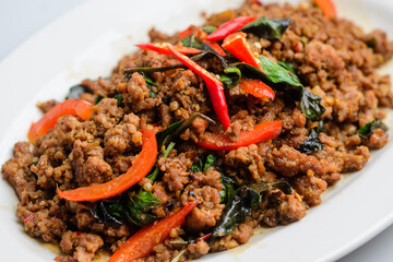 Traditional Thai Pad Kra Pao Stir-Fry with Minced Pork and Basil