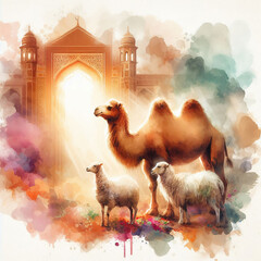 Camel and Sheep at a Mosque - Watercolor Painting
