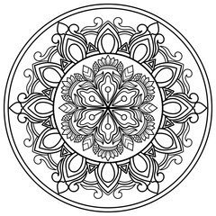 Mandala coloring book for adult ,black and white, vector illustration,outline,Mandala Art with Delicate Curves and Floral Themes,background,ethnic,fabric, Tattoo,wallpaper