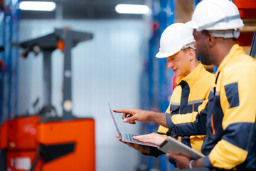 Warehouse professionals using laptop and tablet while on duty. Industrial teamwork and logistics planning in storage facility...