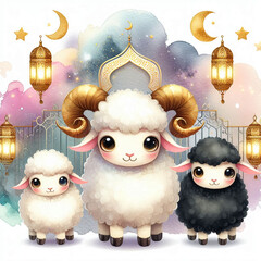Eid al-Adha Celebration Cute Sheep with Lanterns and Crescent Moons