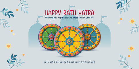 Jagannath Puri Rath Yatra. Festive paper cut style banner with decorative wheels and silhouettes of chariots