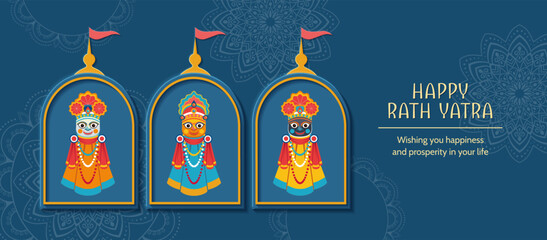 Happy Rath Yatra holiday poster. Lord Jagannath, Balabhadra and Subhdra. Indian religious festival celebration