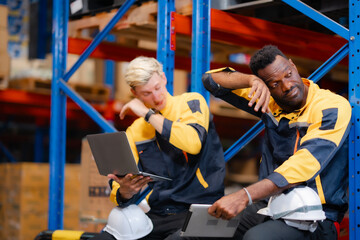 Obraz premium Exhausted factory staff wipe sweat from their brows after heavy lifting tasks. The scene reflects the hard work and perseverance in warehouse logistics under pressure.