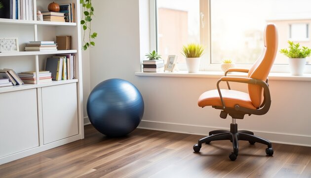 Modern home office with ergonomic chair and exercise ball by window  