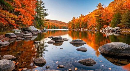 Obraz premium Serene Autumn Lake Landscape Calm Water Rocks Colorful Seasonal Beauty