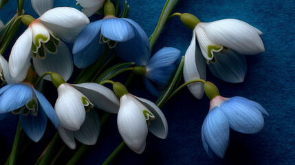 Snowdrops arranged in a creative layout on blue, symbolizing spring's delicate beauty and renewal.
