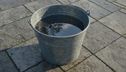 Fototapeta premium Galvanized metal bucket filled with water on stone pavement 