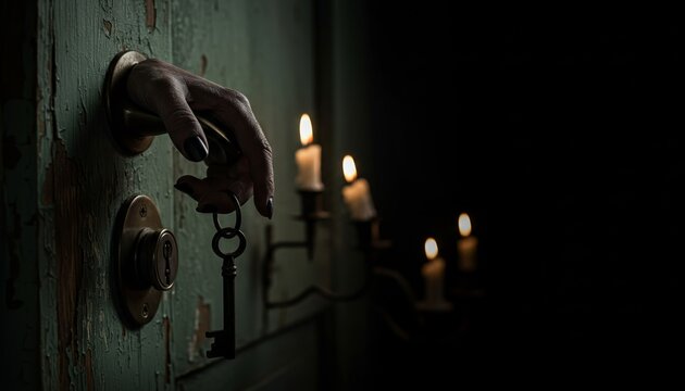 Hand holding key beside ancient door with lit candles in darkness  