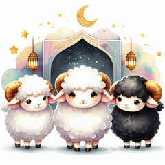 Eid al-Adha Celebration with Cute Rams and Mosque