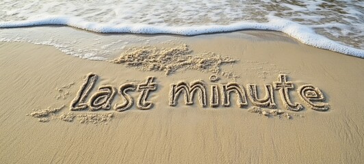 last minute, summer vacation offer, sale, deal, holiday travel tourism travel agency concept background - Text lettering in the sand on the beach with sea in the background.